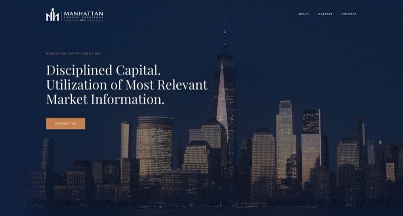Manhattan Capital Solutions homepage: the lower Manhattan skyline at dusk behind the headline Disciplined Capital and a contact call to action.