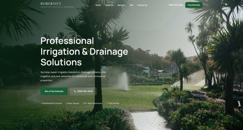 Roberto's Irrigation homepage: a full-bleed photograph of sprinklers watering a lawn, with the headline Professional Irrigation & Drainage Solutions and a free-estimate call to action.